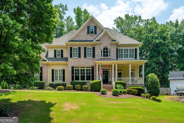 6105 Overlook Park Dr, Cumming, GA 30040 - georgian-style home with brick siding, covered porch, a front yard, and a shingled roof