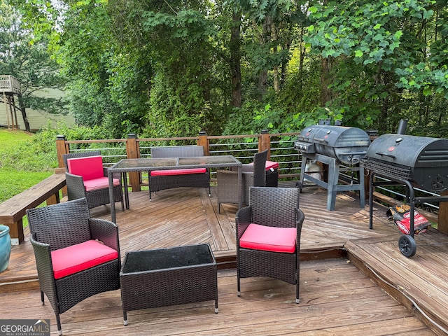 3269 N Winds Trl, Douglasville, GA 30135 - wooden deck with an outdoor hangout area and outdoor dining area