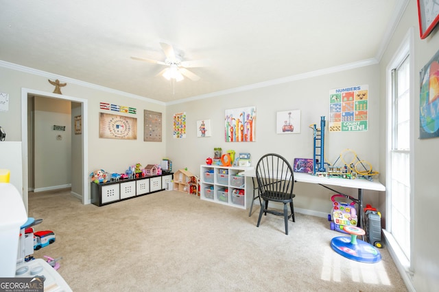 1885 N Creek Cir, Alpharetta, GA 30009 - playroom featuring ornamental molding, a ceiling fan, carpet, and baseboards