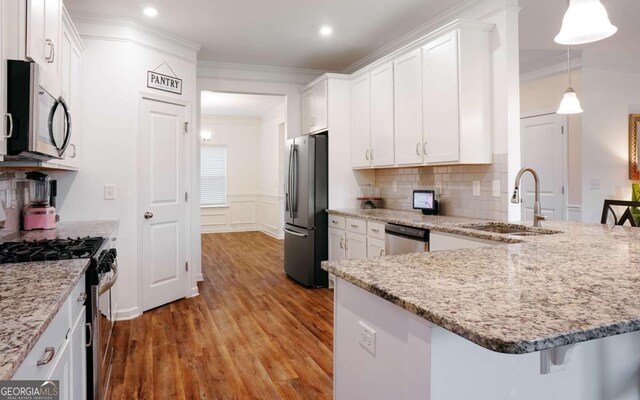 1279 Day Dr, Bogart, GA 30622 - kitchen featuring stainless steel appliances, a sink, white cabinetry, wood finished floors, and crown molding