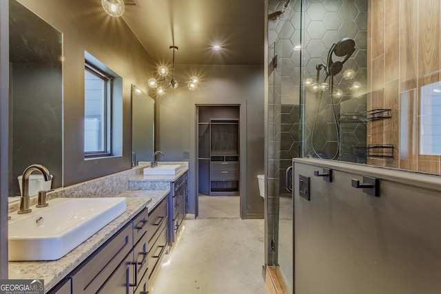 168 State Line Rd, Cloudland, GA 30731 - bathroom featuring a stall shower, double vanity, and finished concrete floors