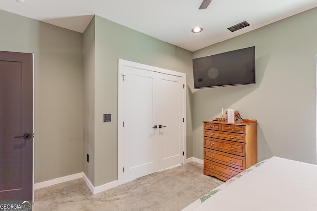 168 State Line Rd, Cloudland, GA 30731 - bedroom with light carpet, recessed lighting, a closet, and a ceiling fan