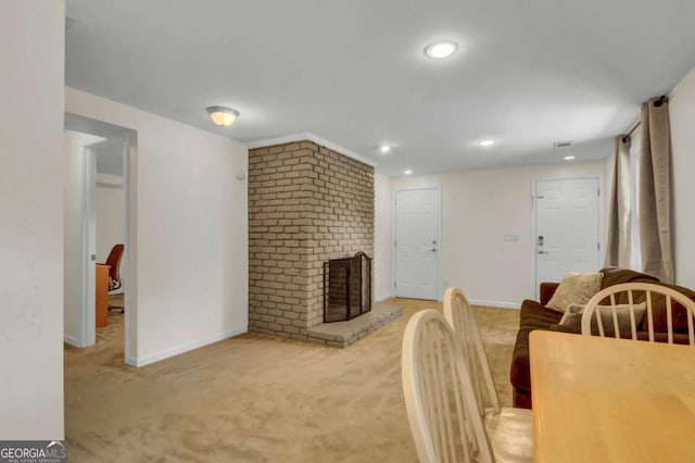 4794 Glenbonnie Ct, Dunwoody, GA 30360 - dining room with light carpet, a fireplace, recessed lighting, and baseboards