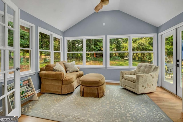 4794 Glenbonnie Ct, Dunwoody, GA 30360 - sunroom / solarium featuring french doors, lofted ceiling, wood finished floors, and baseboards