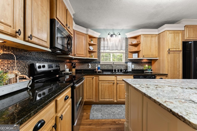 8958 Bill Savage Rd, Lula, GA 30554 - kitchen with open shelves, appliances with stainless steel finishes, a sink, wood finished floors, and backsplash