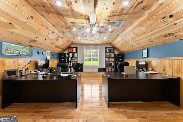 8958 Bill Savage Rd, Lula, GA 30554 - office space with lofted ceiling, a wainscoted wall, wood finished floors, wood ceiling, and wood walls