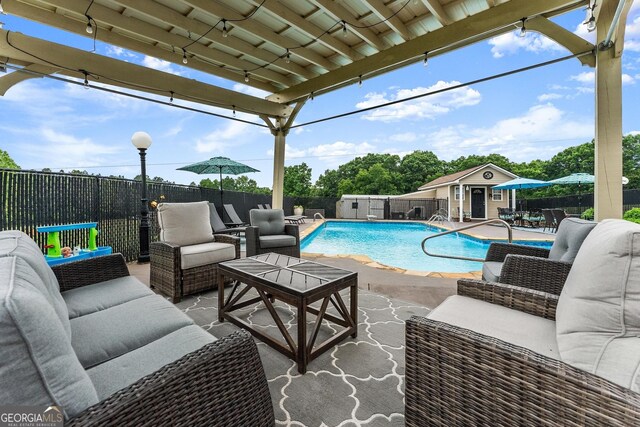 8958 Bill Savage Rd, Lula, GA 30554 - view of swimming pool featuring an outdoor living space, a fenced backyard, and a patio