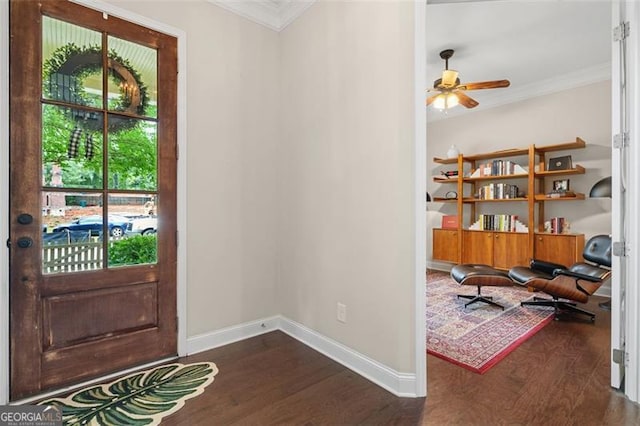 1184 Medlin St SE, Smyrna, GA 30080 - foyer entrance featuring crown molding, dark wood finished floors, a ceiling fan, and baseboards
