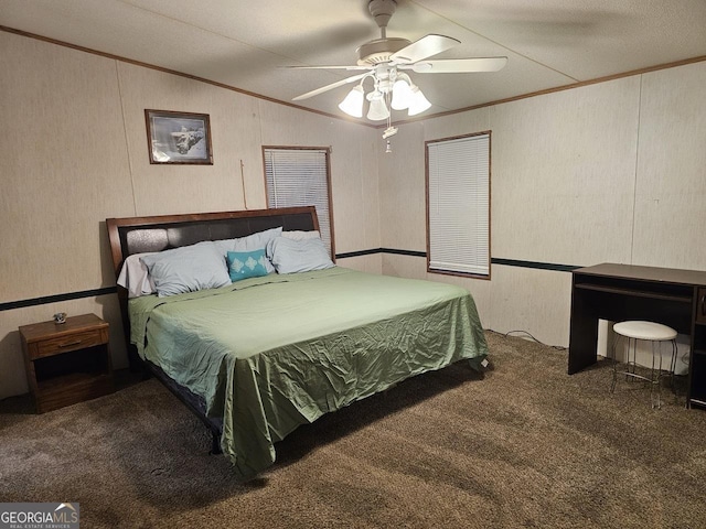 136 Hickory Hl, Anniston, AL 36206 - carpeted bedroom featuring ornamental molding, vaulted ceiling, and ceiling fan