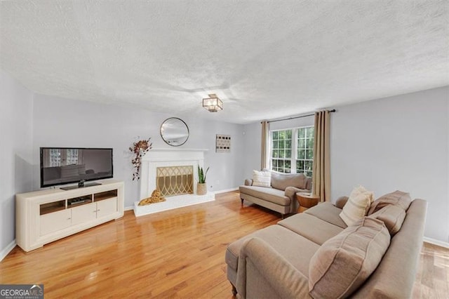 1625 Clark Lake Dr NW, Acworth, GA 30102 - living area featuring a textured ceiling, a fireplace with raised hearth, light wood-style flooring, and baseboards
