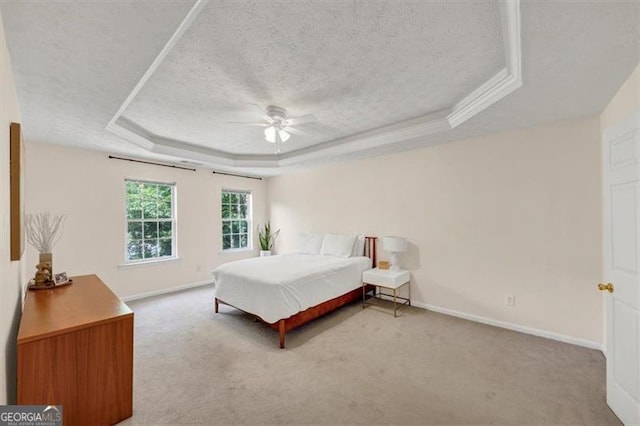 1625 Clark Lake Dr NW, Acworth, GA 30102 - bedroom with a raised ceiling, a textured ceiling, carpet, baseboards, and a ceiling fan