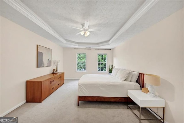 1625 Clark Lake Dr NW, Acworth, GA 30102 - bedroom featuring a raised ceiling, baseboards, light colored carpet, a textured ceiling, and crown molding