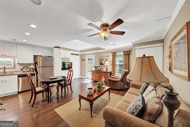 1625 Clark Lake Dr NW, Acworth, GA 30102 - living area featuring ornamental molding, ceiling fan, recessed lighting, dark wood-style flooring, and baseboards