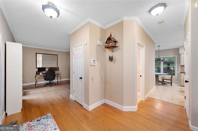 404 Pine Grove Way, Woodstock, GA 30189 - corridor featuring light wood-type flooring, a desk, baseboards, crown molding, and a textured ceiling