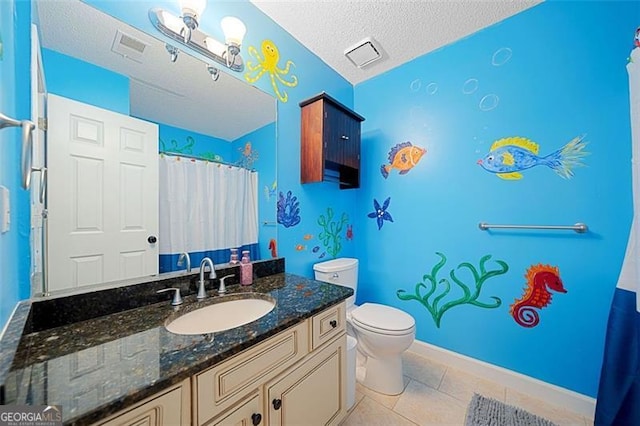 404 Pine Grove Way, Woodstock, GA 30189 - bathroom featuring toilet, vanity, a textured ceiling, tile patterned flooring, and a shower with shower curtain