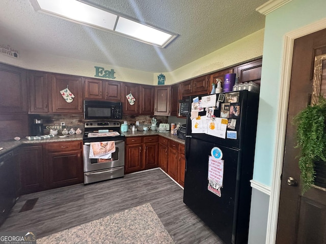 114 Van Dr, Kathleen, GA 31047 - kitchen featuring black appliances, a textured ceiling, dark wood-style flooring, backsplash, and dark brown cabinets