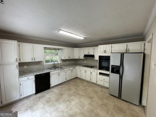 3840 Whitaker Ln, Lithia Springs, GA 30122 - kitchen featuring black appliances, a sink, white cabinetry, a textured ceiling, and light stone countertops
