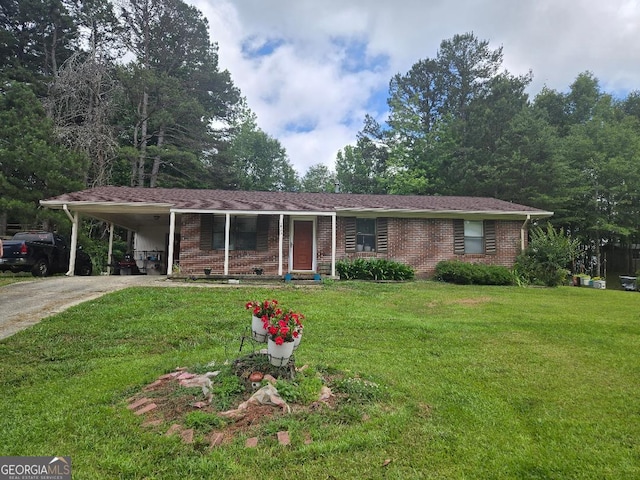 1453 Rose Ln, Toccoa, GA 30577 - ranch-style house featuring driveway, a front yard, a carport, and brick siding