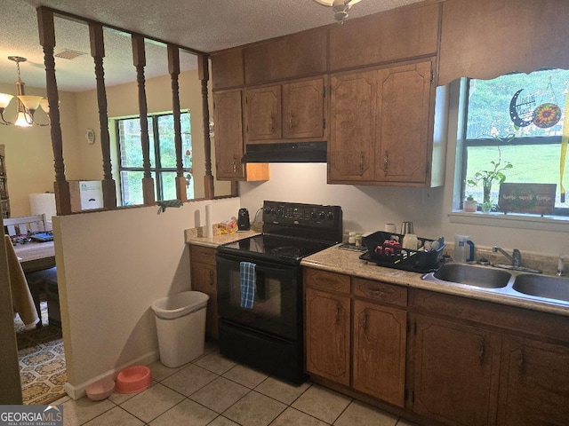 1453 Rose Ln, Toccoa, GA 30577 - kitchen featuring black electric range oven, a sink, ventilation hood, plenty of natural light, and a textured ceiling