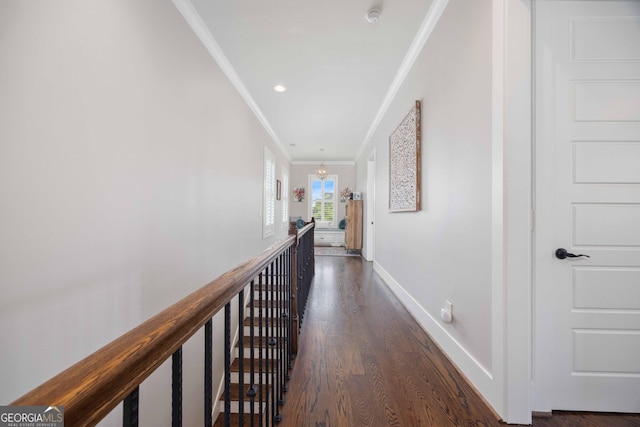 8218 Lallarook Dr, Columbus, GA 31909 - hallway with crown molding, baseboards, dark wood-style floors, a chandelier, and recessed lighting