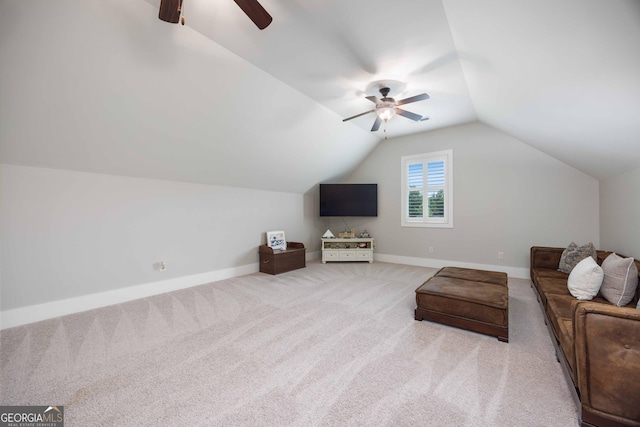 8218 Lallarook Dr, Columbus, GA 31909 - living area with ceiling fan, light carpet, lofted ceiling, and baseboards