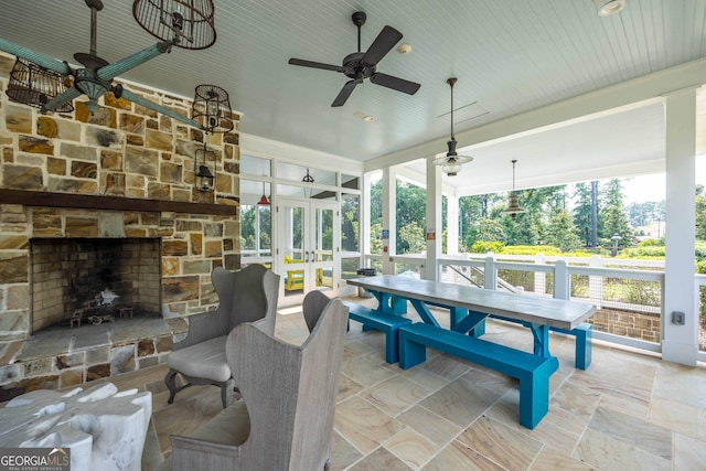 8218 Lallarook Dr, Columbus, GA 31909 - view of patio featuring a stone fireplace, french doors, and ceiling fan