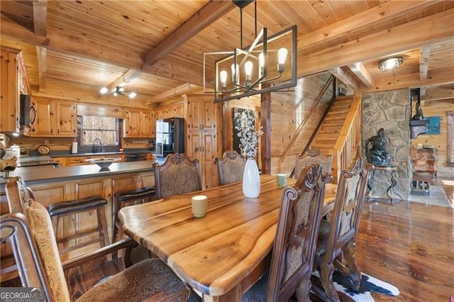 281 Wildwood Ct, Dawsonville, GA 30534 - dining space with wooden ceiling with exposed beams, wood walls, a chandelier, dark wood finished floors, and stairs