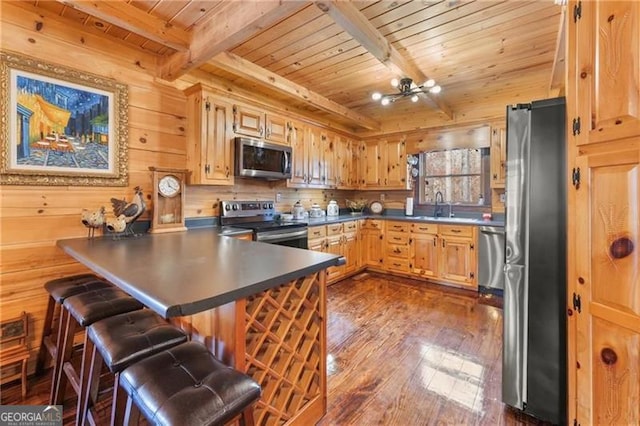 281 Wildwood Ct, Dawsonville, GA 30534 - kitchen featuring appliances with stainless steel finishes, wood ceiling with exposed beams, a peninsula, dark wood-style floors, and a sink
