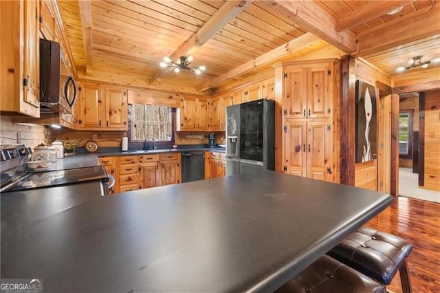 281 Wildwood Ct, Dawsonville, GA 30534 - kitchen with dishwasher, fridge with ice dispenser, wooden ceiling with exposed beams, stainless steel microwave, and dark wood-type flooring