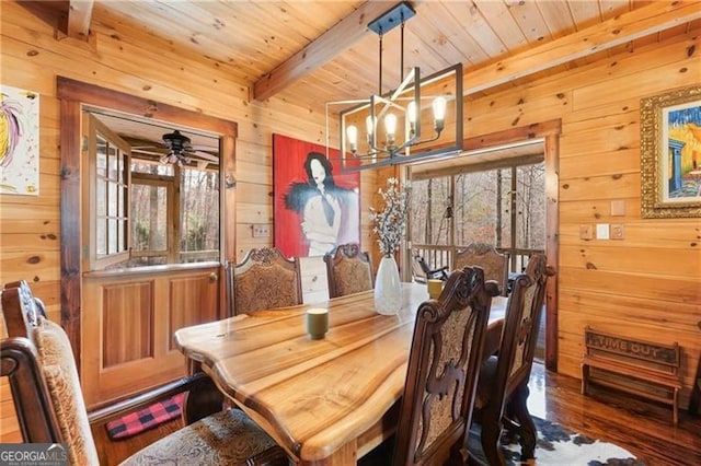 281 Wildwood Ct, Dawsonville, GA 30534 - dining area featuring wood walls, plenty of natural light, a chandelier, wood ceiling with exposed beams, and wood finished floors