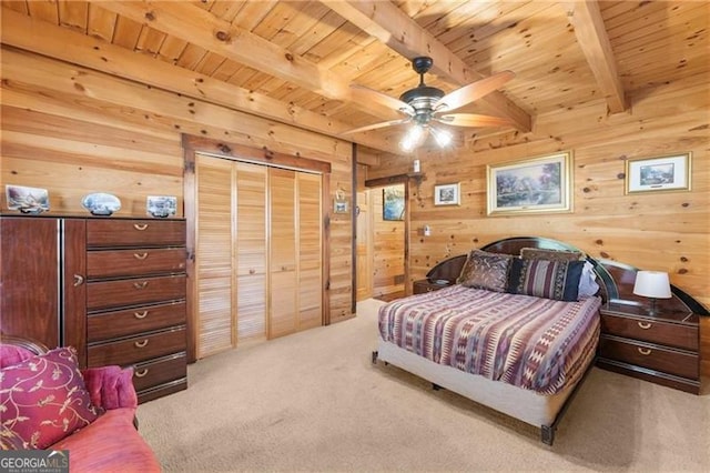 281 Wildwood Ct, Dawsonville, GA 30534 - bedroom featuring carpet floors, wood ceiling with exposed beams, and wood walls
