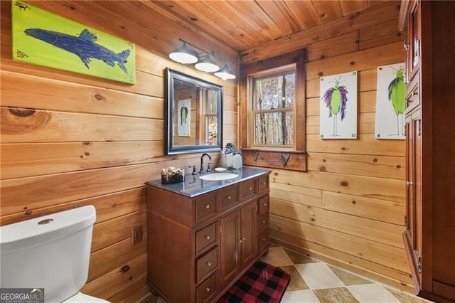 281 Wildwood Ct, Dawsonville, GA 30534 - half bathroom with wood walls, vanity, wooden ceiling, and toilet