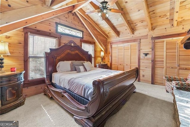 281 Wildwood Ct, Dawsonville, GA 30534 - carpeted bedroom featuring wood walls and wood ceiling