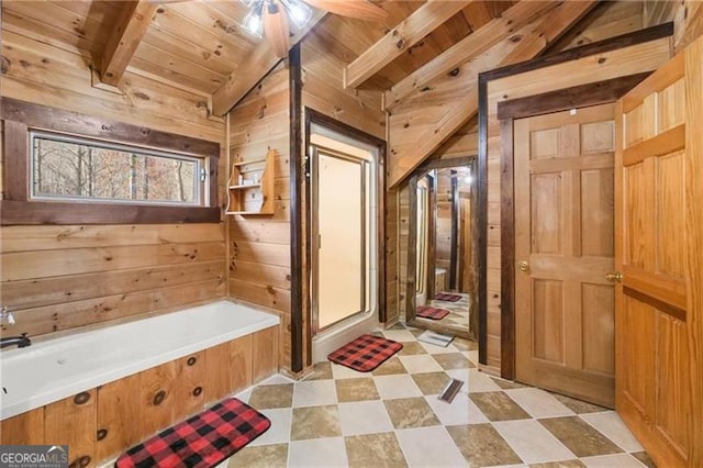 281 Wildwood Ct, Dawsonville, GA 30534 - bathroom featuring wooden walls, wooden ceiling, and a garden tub