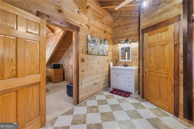 281 Wildwood Ct, Dawsonville, GA 30534 - bathroom featuring wooden walls, vanity, and a ceiling fan