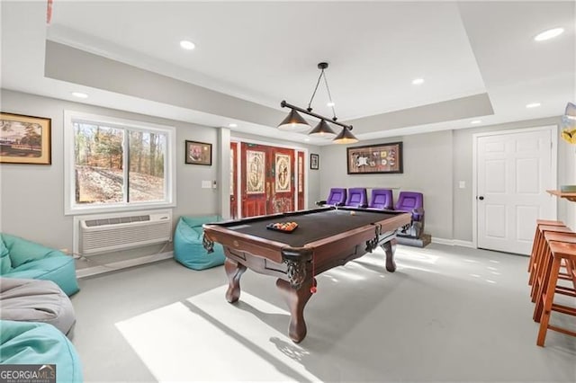 281 Wildwood Ct, Dawsonville, GA 30534 - game room featuring recessed lighting, a raised ceiling, billiards, a wall mounted air conditioner, and baseboards