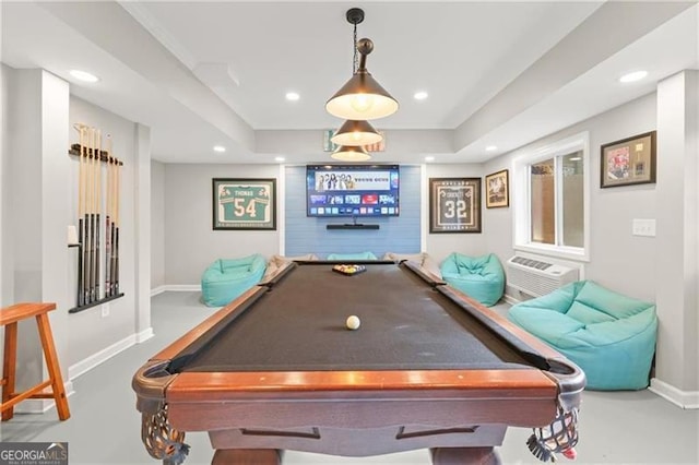 281 Wildwood Ct, Dawsonville, GA 30534 - game room with recessed lighting, baseboards, pool table, a wall mounted AC, and finished concrete floors