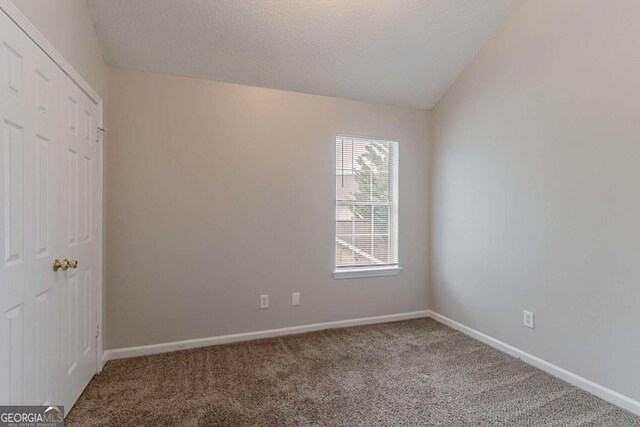 5421 Salem Springs Dr, Lithonia, GA 30038 - unfurnished bedroom featuring carpet, lofted ceiling, a closet, and a textured ceiling