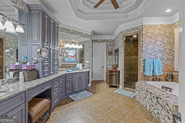 2304 Weeping Oak Dr, Braselton, GA 30517 - full bathroom with vanity, tile patterned floors, a garden tub, a stall shower, and ceiling fan