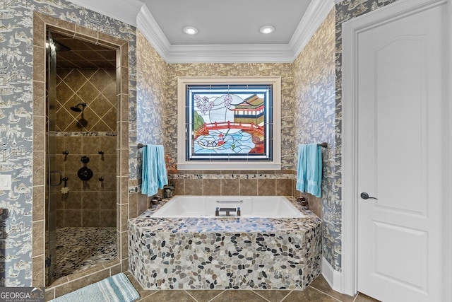 2304 Weeping Oak Dr, Braselton, GA 30517 - full bath featuring crown molding, tile patterned floors, a garden tub, wallpapered walls, and tiled shower