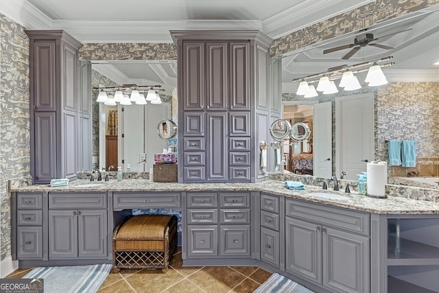 2304 Weeping Oak Dr, Braselton, GA 30517 - bathroom featuring double vanity, ceiling fan, ornamental molding, wallpapered walls, and tile patterned flooring
