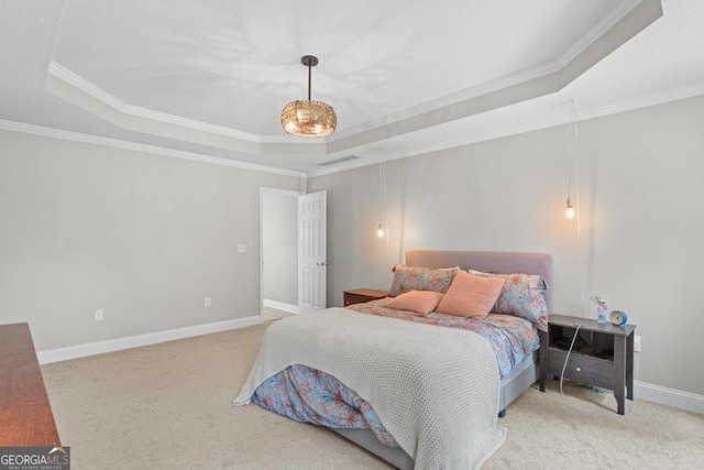 344 Mckibben Dr, Locust Grove, GA 30248 - carpeted bedroom featuring a tray ceiling, ornamental molding, and baseboards