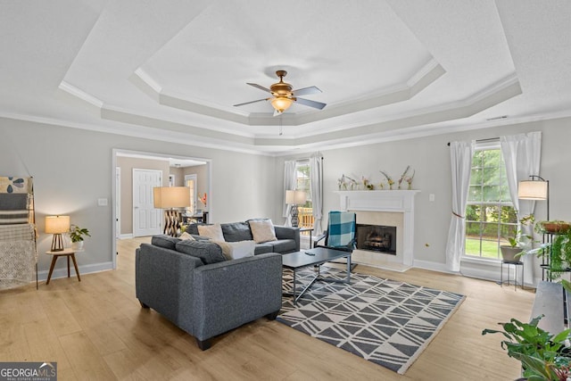 344 Mckibben Dr, Locust Grove, GA 30248 - living room with a tray ceiling, plenty of natural light, crown molding, light wood-type flooring, and a ceiling fan