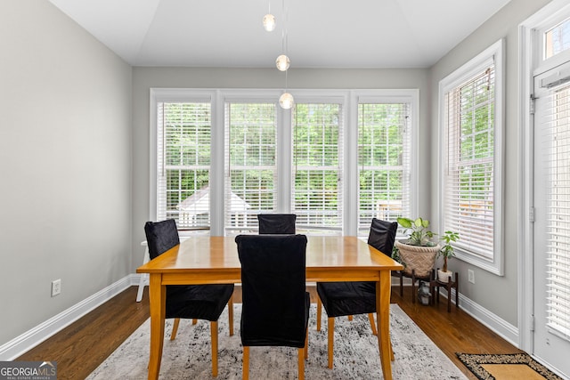 155 Carrolls Way, Fayetteville, GA 30215 - dining space featuring dark wood finished floors, baseboards, and vaulted ceiling