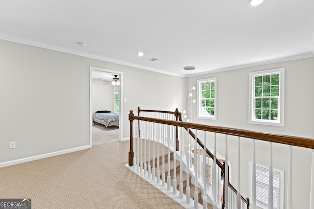 155 Carrolls Way, Fayetteville, GA 30215 - corridor featuring an upstairs landing, crown molding, carpet flooring, baseboards, and recessed lighting