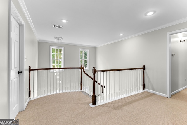 155 Carrolls Way, Fayetteville, GA 30215 - corridor with an upstairs landing, light carpet, ornamental molding, baseboards, and recessed lighting