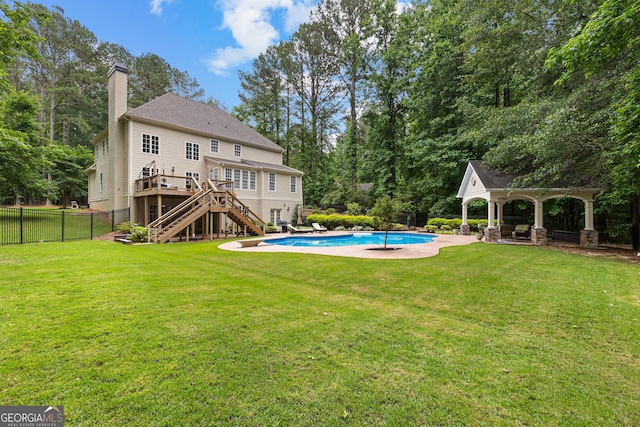 155 Carrolls Way, Fayetteville, GA 30215 - rear view of house featuring stairs, a gazebo, a wooden deck, and a chimney