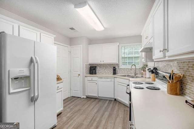 169 Winding Valley Dr, Rockmart, GA 30153 - kitchen with white appliances, under cabinet range hood, light wood-type flooring, white cabinets, and light countertops