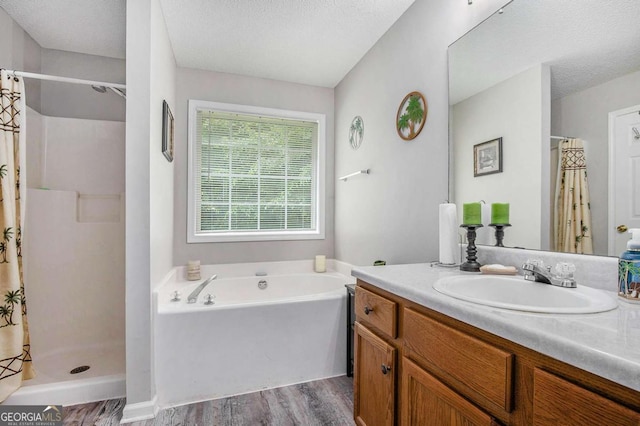 169 Winding Valley Dr, Rockmart, GA 30153 - full bathroom with wood finished floors, vanity, a shower with shower curtain, a bath, and a textured ceiling