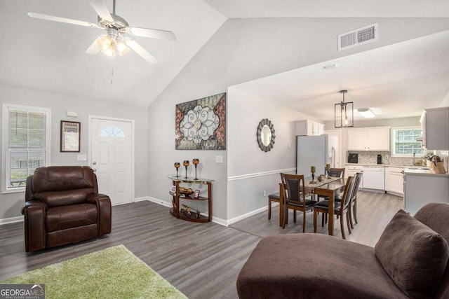 169 Winding Valley Dr, Rockmart, GA 30153 - living area featuring high vaulted ceiling, light wood-style flooring, and a ceiling fan